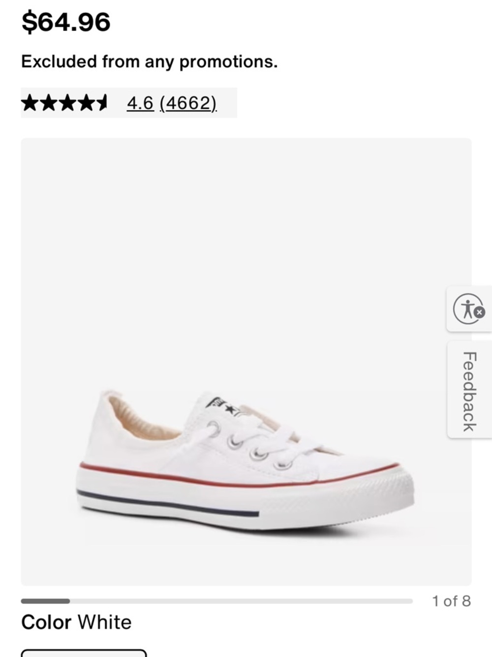 Converse Low Top Sneakers - White with Red Stripe Size 8